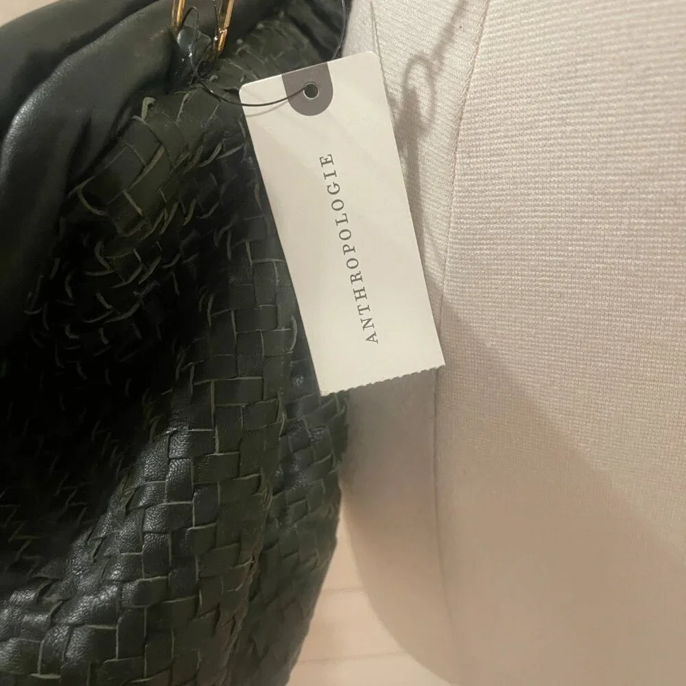 031 Anthropologie Woven Leather Clutch Dark with Chain NWT Emerald Green Leather - Picture 8 of 10